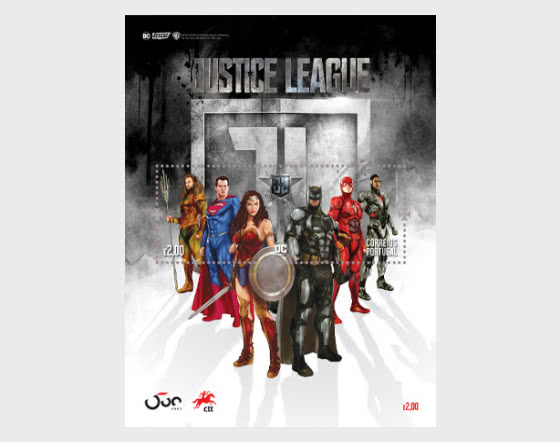 Justice League characters, collectible stamps from Portugal. 